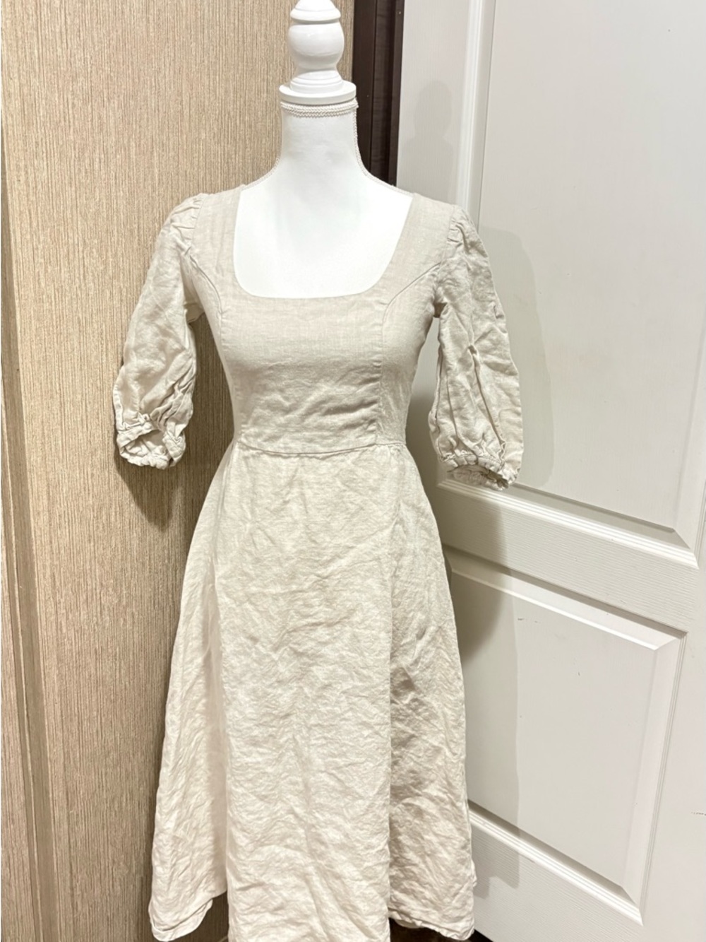 Square-Neck Cream Midi Dress with Puff Sleeves